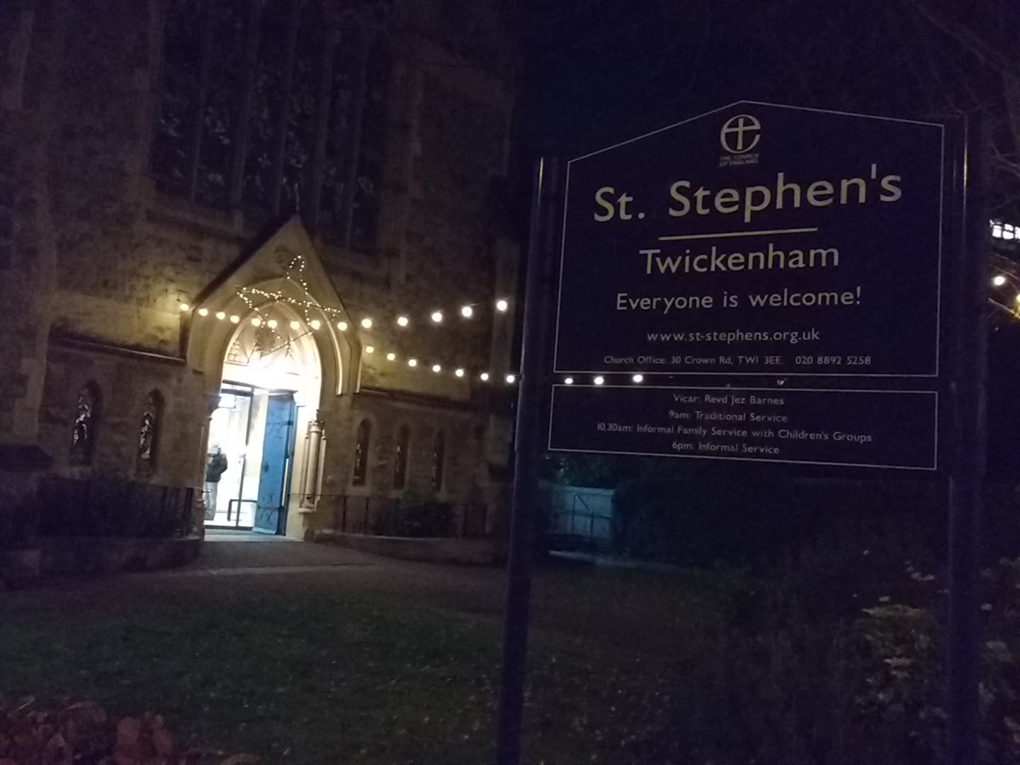 Lighted church door of St Stephen's church, Twickenham